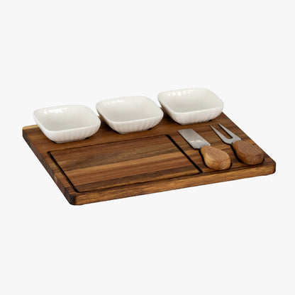 Acacia Cheese Board Set With White Ceramic Bowls And Cutlery