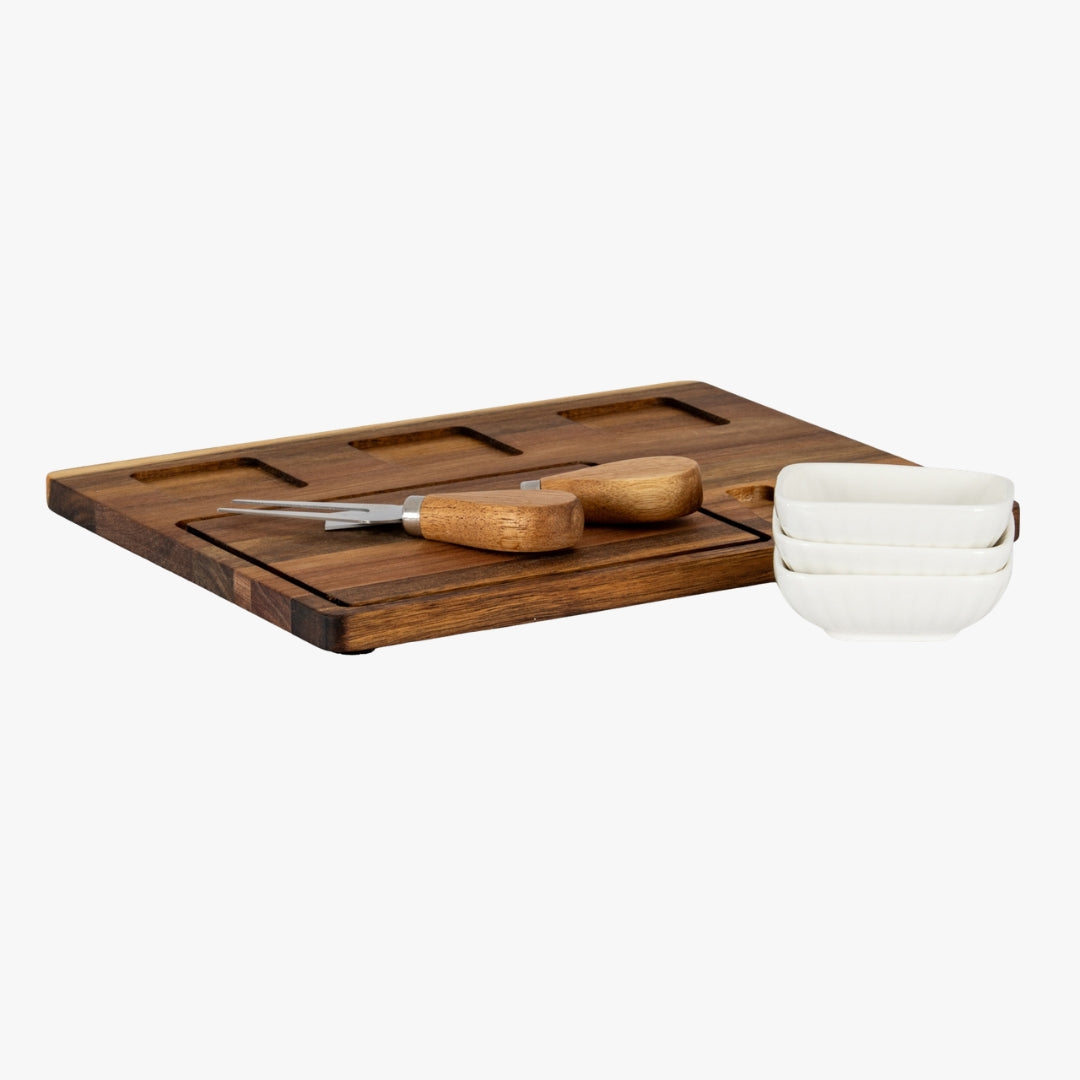 Acacia Cheese Board Set With White Ceramic Bowls And Cutlery