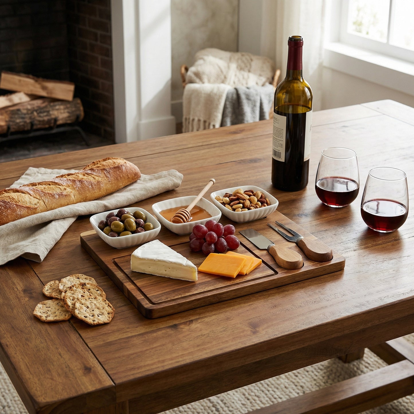 Acacia Cheese Board Set With White Ceramic Bowls And Cutlery