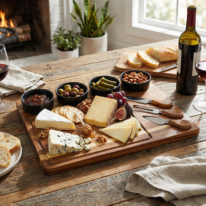 Acacia Cheese Board Set With Grey Ceramic Bowls and Cutlery