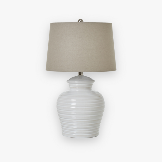 White Ceramic Pot Lamp With Linen Shade